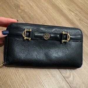 Tory Burch Black Leather Zip Around Wallet w/ Gold Logo & Buckle Detail